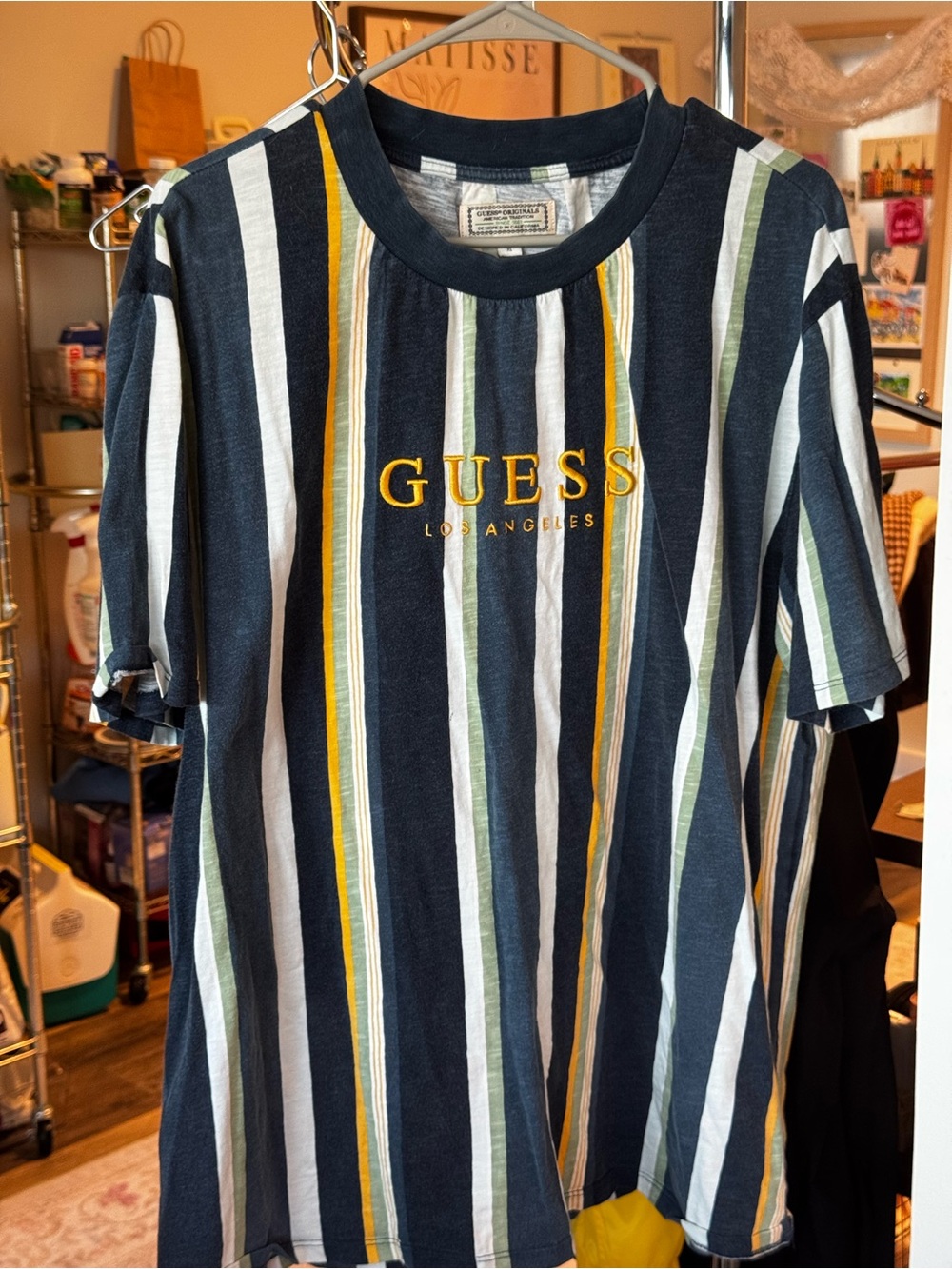 Vintage Guess Navy, White, Green, & Yellow Striped Tee